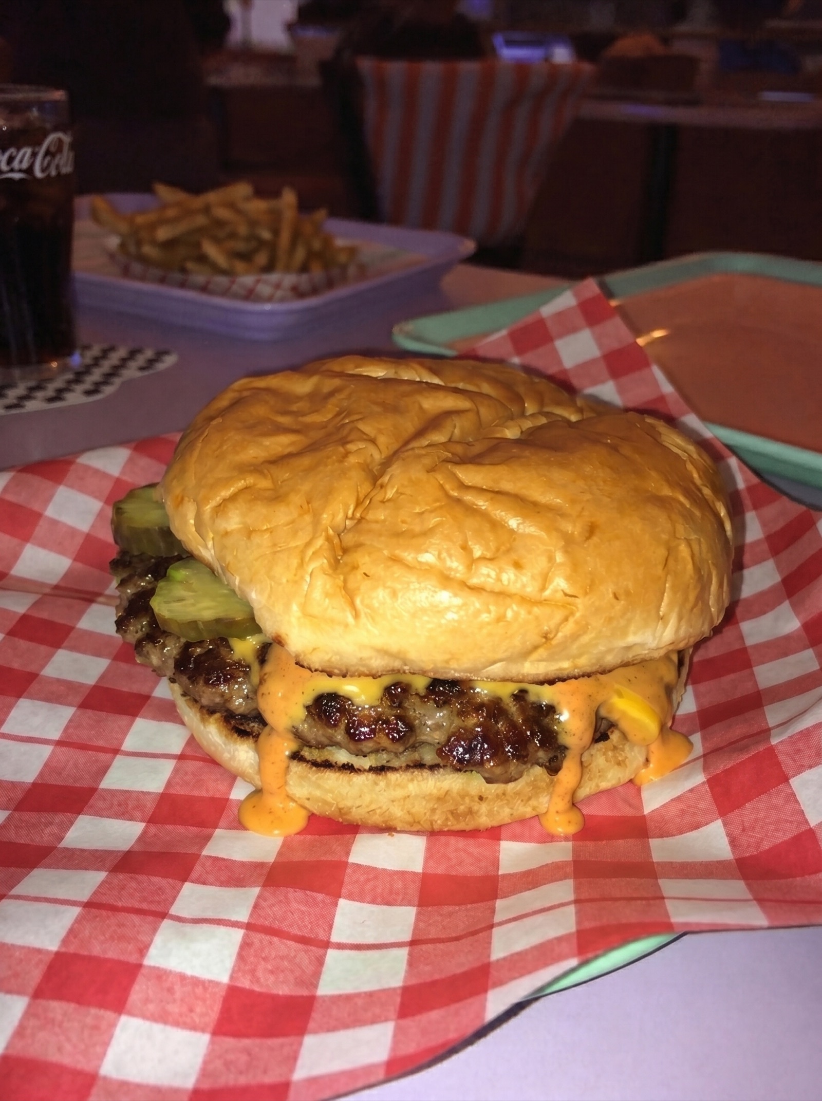 Diner-style burger: hero shot, built for cheese pull and steam realism