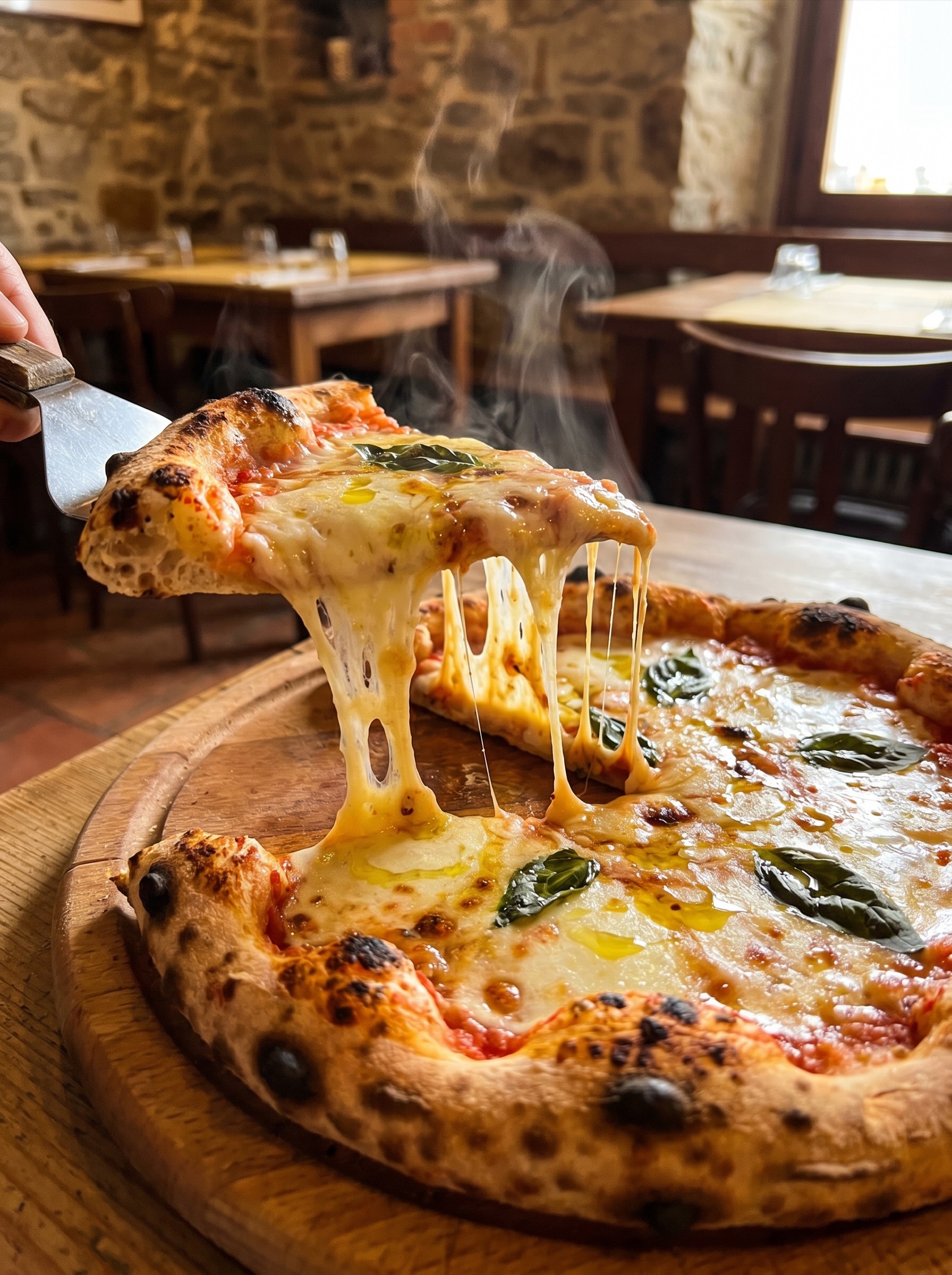 Restaurant environment: steam, lighting, and depth of field tuned for editorial realism