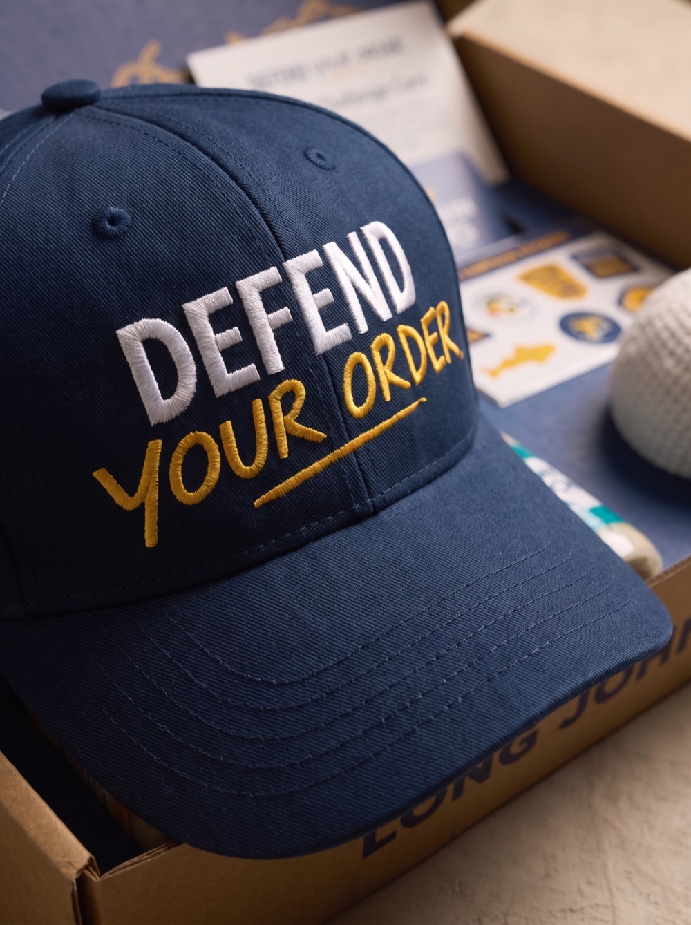 The "Defend Your Order" hat: wearable enough that people would actually put it on.