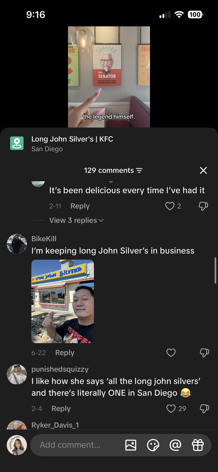 A real fan, posing outside a real Long John Silver's, defending their order.