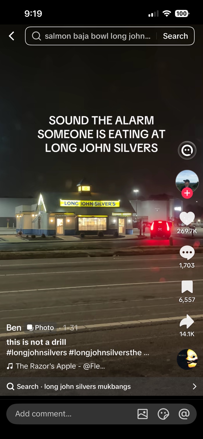 269.7K likes on a video that's just... someone eating at Long John Silver's.